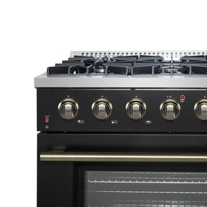 FORNO - Galiano 36-inch Freestanding Gas Range in Black with Antique Brass Design, 6 Burners, 83,000 BTU, 5.36 cu.ft. Convection Oven