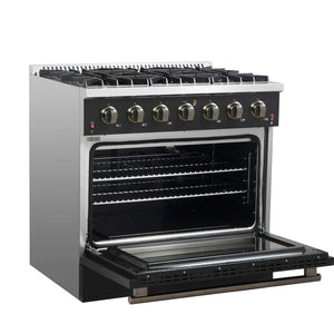 FORNO - Galiano 36-inch Freestanding Gas Range in Black with Antique Brass Design, 6 Burners, 83,000 BTU, 5.36 cu.ft. Convection Oven