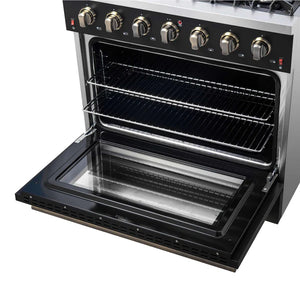 FORNO - Galiano 36-inch Freestanding Gas Range in Black with Antique Brass Design, 6 Burners, 83,000 BTU, 5.36 cu.ft. Convection Oven