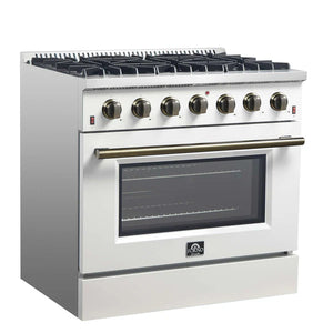 FORNO - Galiano 36-inch Freestanding Gas Range in White with Antique Brass Design, 6 Burners, 83,000 BTU, 5.36 cu.ft. Convection Oven