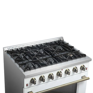 FORNO - Galiano 36-inch Freestanding Gas Range in White with Antique Brass Design, 6 Burners, 83,000 BTU, 5.36 cu.ft. Convection Oven