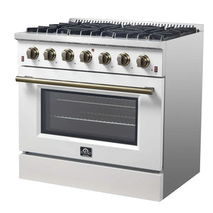 FORNO - Galiano 36-inch Freestanding Gas Range in White with Antique Brass Design, 6 Burners, 83,000 BTU, 5.36 cu.ft. Convection Oven