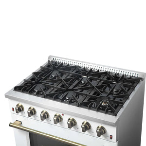 FORNO - Galiano 36-inch Freestanding Gas Range in White with Antique Brass Design, 6 Burners, 83,000 BTU, 5.36 cu.ft. Convection Oven