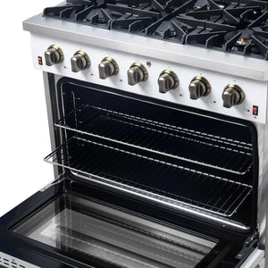 FORNO - Galiano 36-inch Freestanding Gas Range in White with Antique Brass Design, 6 Burners, 83,000 BTU, 5.36 cu.ft. Convection Oven