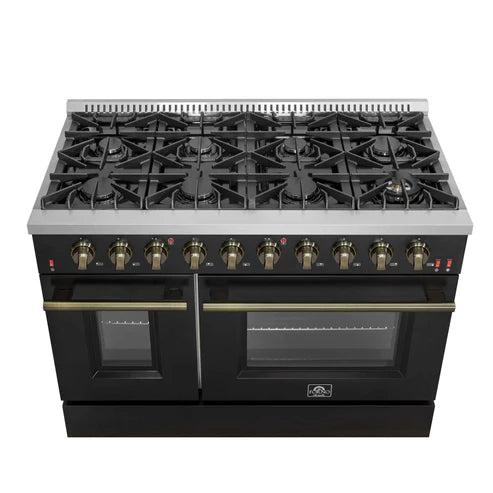 FORNO - Galiano 48-inch Gas Range Black &amp; Antique Brass Design, 8 Burners, 107,000 BTU, Griddle, 6.58 cu.ft. Double Ovens