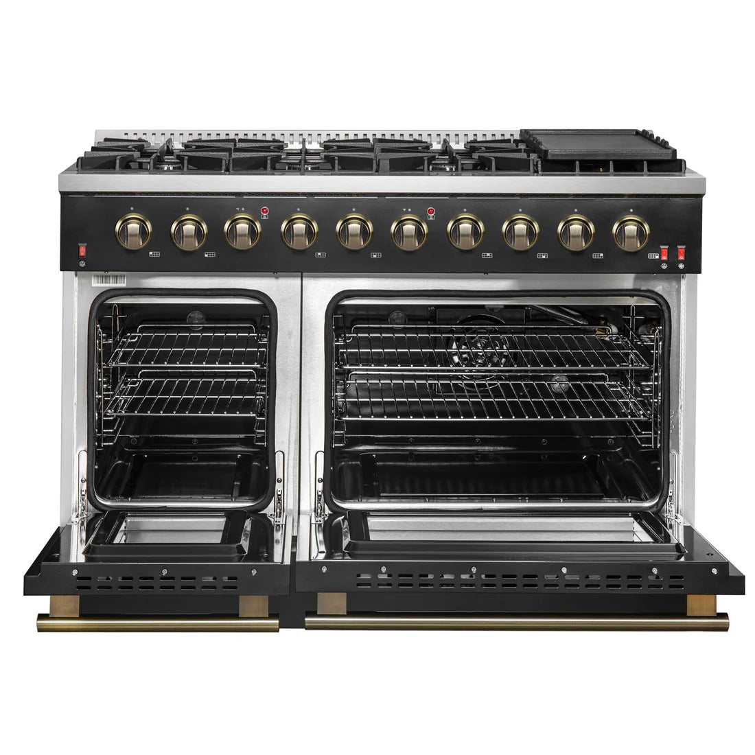 FORNO - Galiano 48-inch Gas Range Black &amp; Antique Brass Design, 8 Burners, 107,000 BTU, Griddle, 6.58 cu.ft. Double Ovens