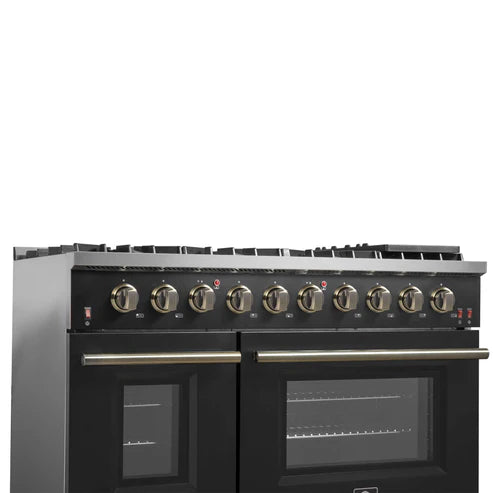 FORNO - Galiano 48-inch Gas Range Black &amp; Antique Brass Design, 8 Burners, 107,000 BTU, Griddle, 6.58 cu.ft. Double Ovens