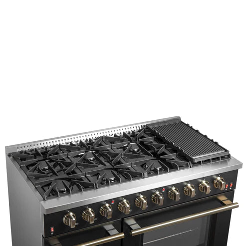 FORNO - Galiano 48-inch Gas Range Black &amp; Antique Brass Design, 8 Burners, 107,000 BTU, Griddle, 6.58 cu.ft. Double Ovens
