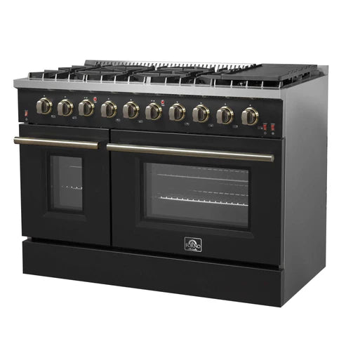 FORNO - Galiano 48-inch Gas Range Black &amp; Antique Brass Design, 8 Burners, 107,000 BTU, Griddle, 6.58 cu.ft. Double Ovens