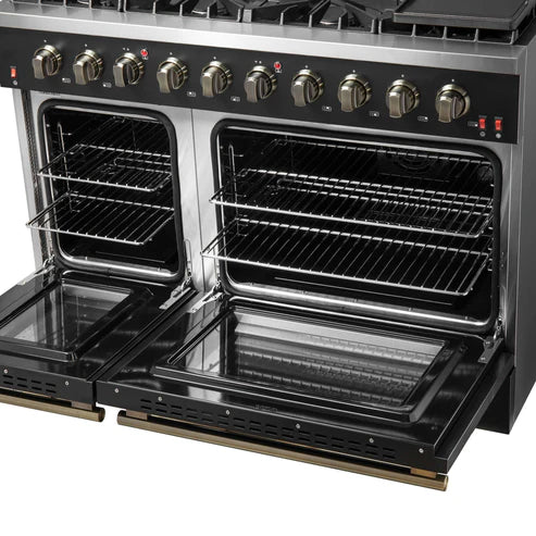 FORNO - Galiano 48-inch Gas Range Black &amp; Antique Brass Design, 8 Burners, 107,000 BTU, Griddle, 6.58 cu.ft. Double Ovens