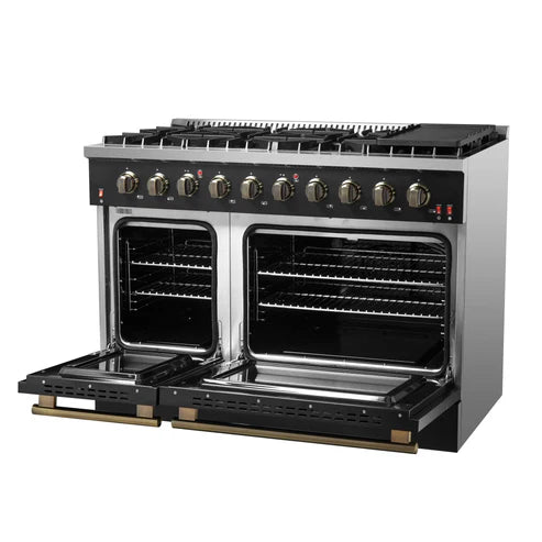 FORNO - Galiano 48-inch Gas Range Black &amp; Antique Brass Design, 8 Burners, 107,000 BTU, Griddle, 6.58 cu.ft. Double Ovens