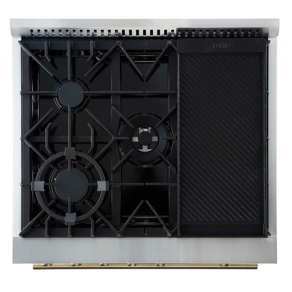 FORNO - Giovanni 30-inch Gas Range Black &amp; Antique Brass Design, 5 Burners 67,000 BTU, 4.32 cu.ft. Convection Oven