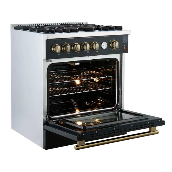 FORNO - Giovanni 30-inch Gas Range Black &amp; Antique Brass Design, 5 Burners 67,000 BTU, 4.32 cu.ft. Convection Oven