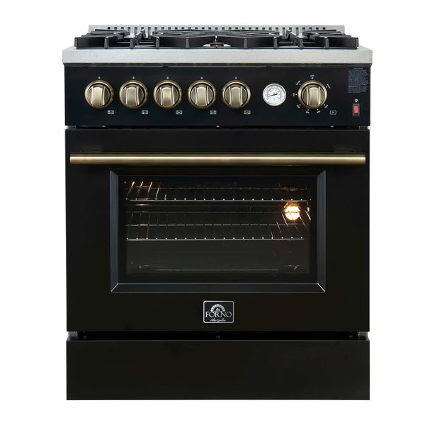 FORNO - Giovanni 30-inch Gas Range Black &amp; Antique Brass Design, 5 Burners 67,000 BTU, 4.32 cu.ft. Convection Oven