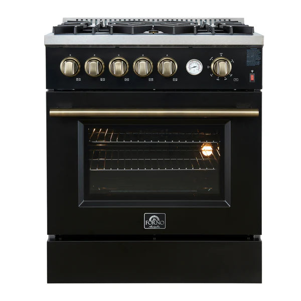 FORNO - Giovanni 30-inch Gas Range Black &amp; Antique Brass Design, 5 Burners 67,000 BTU, 4.32 cu.ft. Convection Oven