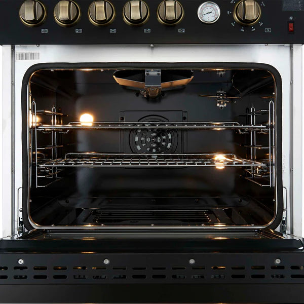 FORNO - Giovanni 30-inch Gas Range Black &amp; Antique Brass Design, 5 Burners 67,000 BTU, 4.32 cu.ft. Convection Oven