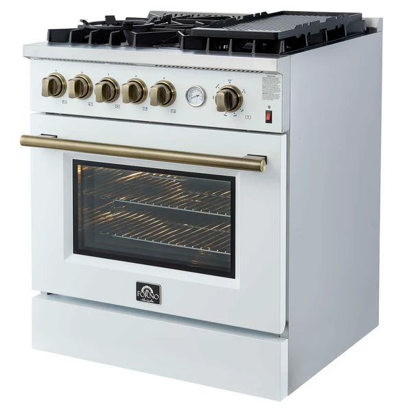 FORNO - Giovanni 30-inch Gas Range White &amp; Antique Brass Design, 5 Burners 67,000 BTU, 4.32 cu.ft. Convection Oven