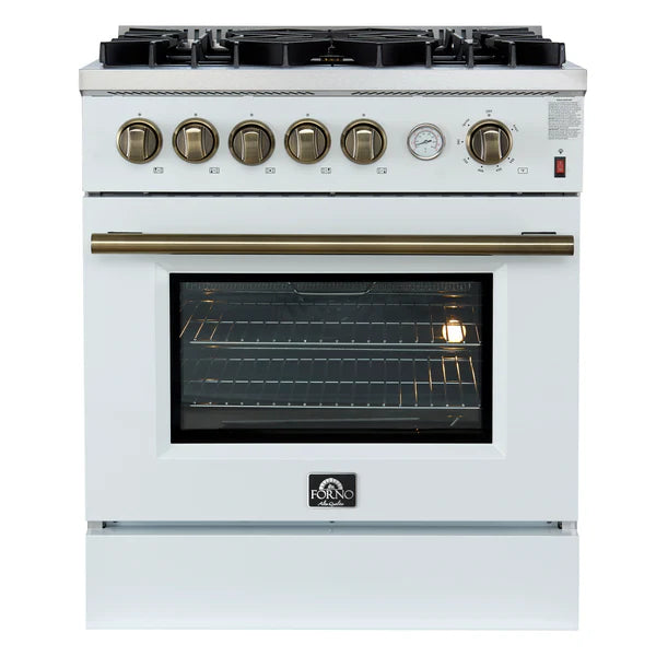 FORNO - Giovanni 30-inch Gas Range White &amp; Antique Brass Design, 5 Burners 67,000 BTU, 4.32 cu.ft. Convection Oven