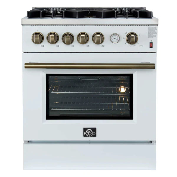 FORNO - Giovanni 30-inch Gas Range White &amp; Antique Brass Design, 5 Burners 67,000 BTU, 4.32 cu.ft. Convection Oven