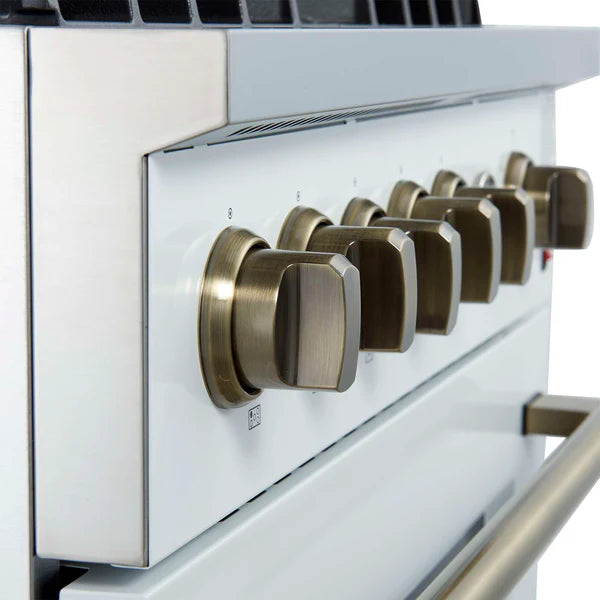 FORNO - Giovanni 30-inch Gas Range White &amp; Antique Brass Design, 5 Burners 67,000 BTU, 4.32 cu.ft. Convection Oven