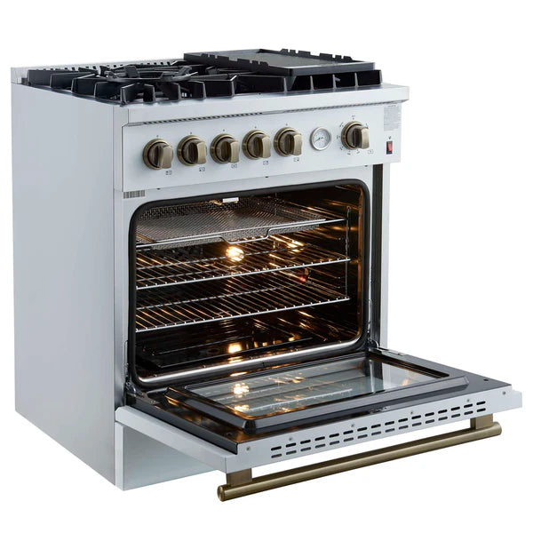 FORNO - Giovanni 30-inch Gas Range White &amp; Antique Brass Design, 5 Burners 67,000 BTU, 4.32 cu.ft. Convection Oven