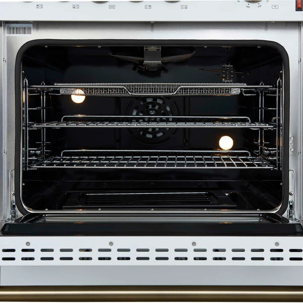 FORNO - Giovanni 30-inch Gas Range White &amp; Antique Brass Design, 5 Burners 67,000 BTU, 4.32 cu.ft. Convection Oven