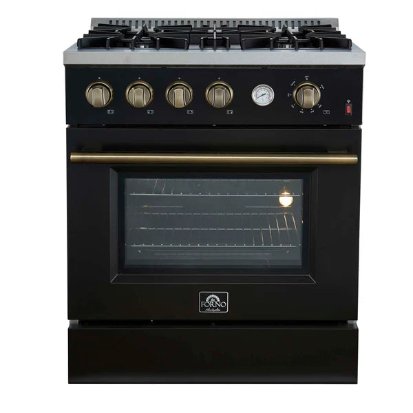 FORNO - Marco 30-inch Gas Range Black &amp; Antique Brass Design, 4 Burners 37,000 BTU, 4.32 cu.ft. Convection Oven