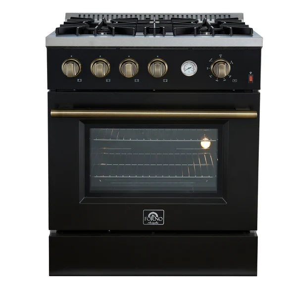 FORNO - Marco 30-inch Gas Range Black &amp; Antique Brass Design, 4 Burners 37,000 BTU, 4.32 cu.ft. Convection Oven
