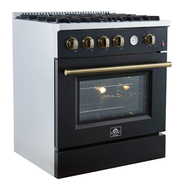 FORNO - Marco 30-inch Gas Range Black &amp; Antique Brass Design, 4 Burners 37,000 BTU, 4.32 cu.ft. Convection Oven