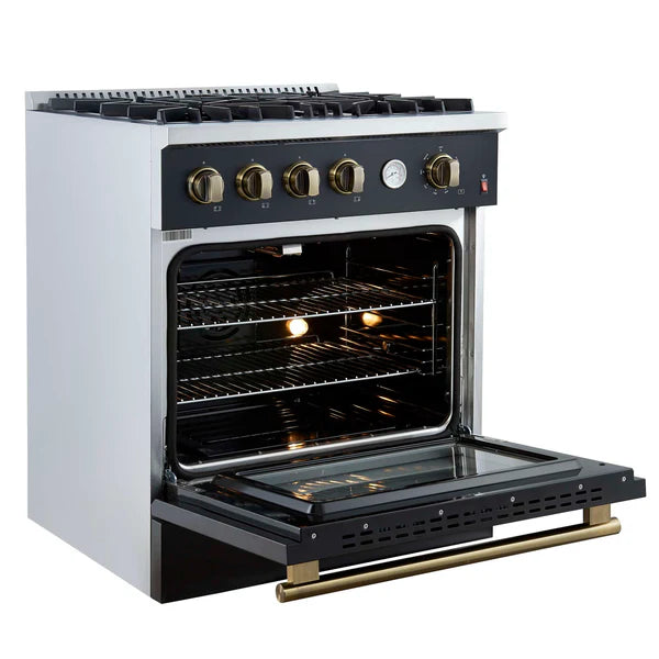 FORNO - Marco 30-inch Gas Range Black &amp; Antique Brass Design, 4 Burners 37,000 BTU, 4.32 cu.ft. Convection Oven