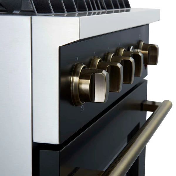 FORNO - Marco 30-inch Gas Range Black &amp; Antique Brass Design, 4 Burners 37,000 BTU, 4.32 cu.ft. Convection Oven