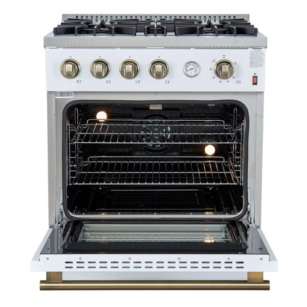 FORNO - Marco 30-inch Gas Range White &amp; Antique Brass Design, 4 Burners 37,000 BTU, 4.32 cu.ft. Convection Oven
