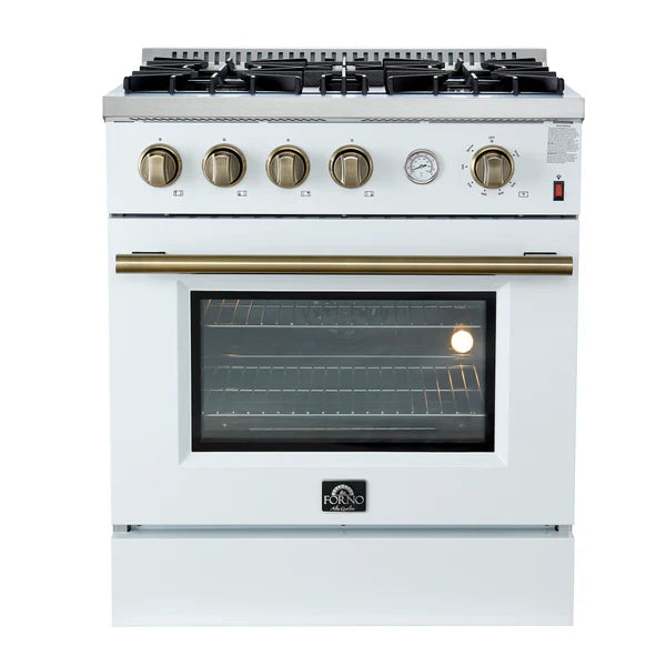 FORNO - Marco 30-inch Gas Range White &amp; Antique Brass Design, 4 Burners 37,000 BTU, 4.32 cu.ft. Convection Oven