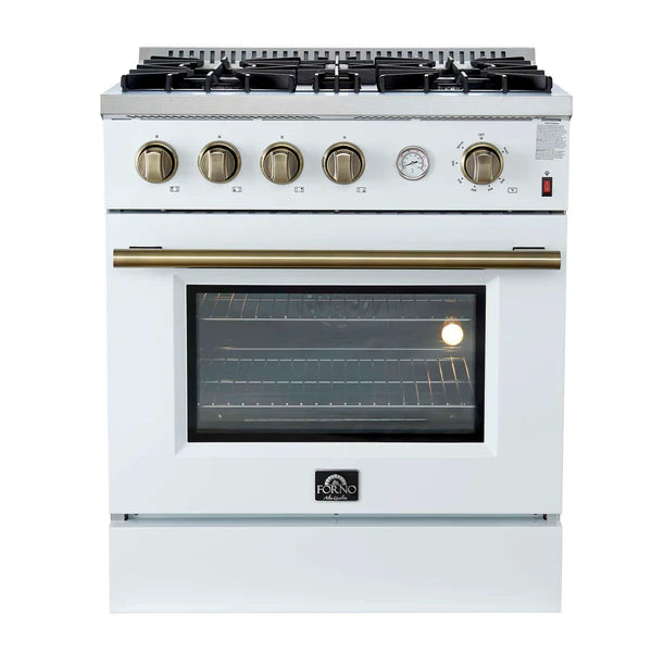 FORNO - Marco 30-inch Gas Range White &amp; Antique Brass Design, 4 Burners 37,000 BTU, 4.32 cu.ft. Convection Oven