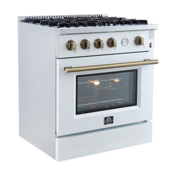 FORNO - Marco 30-inch Gas Range White &amp; Antique Brass Design, 4 Burners 37,000 BTU, 4.32 cu.ft. Convection Oven