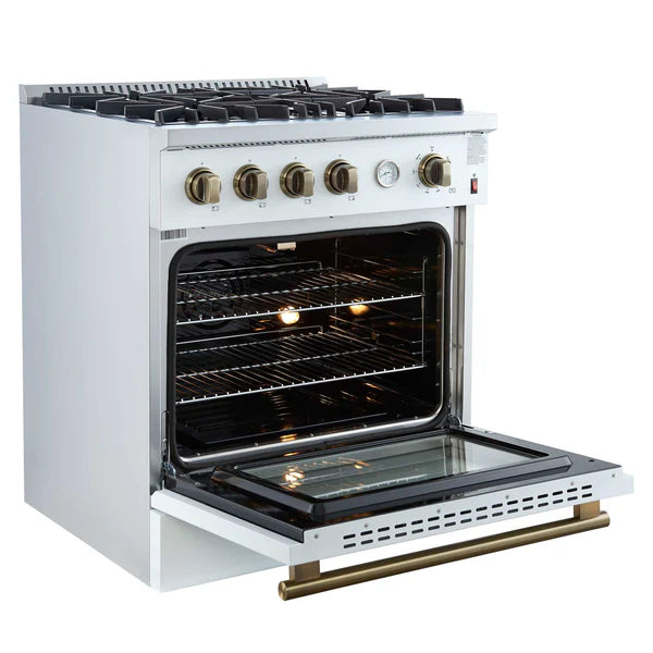 FORNO - Marco 30-inch Gas Range White &amp; Antique Brass Design, 4 Burners 37,000 BTU, 4.32 cu.ft. Convection Oven