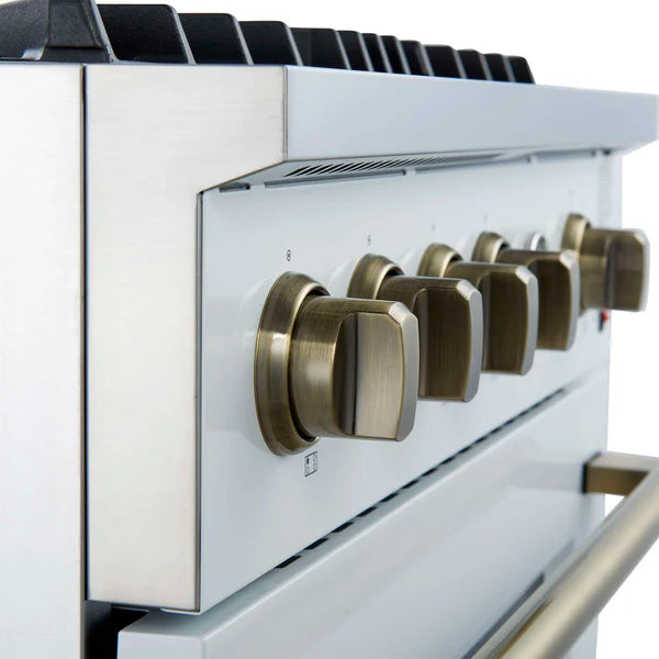 FORNO - Marco 30-inch Gas Range White &amp; Antique Brass Design, 4 Burners 37,000 BTU, 4.32 cu.ft. Convection Oven