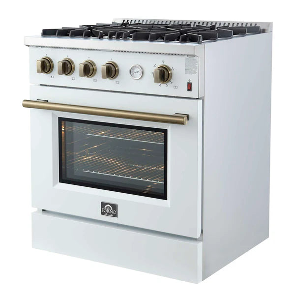 FORNO - Marco 30-inch Gas Range White &amp; Antique Brass Design, 4 Burners 37,000 BTU, 4.32 cu.ft. Convection Oven