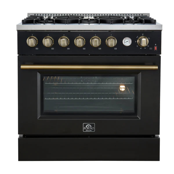 FORNO - Marco 36-Inch Gas Range Black &amp; Antique Brass Design, 6 Burners 67,000 BTU, 5.36 cu.ft. Convection Oven