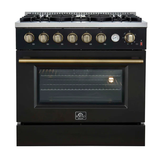 FORNO - Marco 36-Inch Gas Range Black &amp; Antique Brass Design, 6 Burners 67,000 BTU, 5.36 cu.ft. Convection Oven
