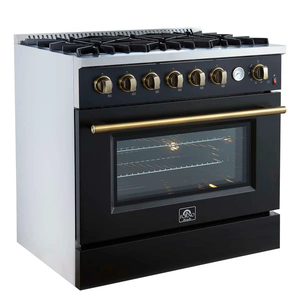 FORNO - Marco 36-Inch Gas Range Black &amp; Antique Brass Design, 6 Burners 67,000 BTU, 5.36 cu.ft. Convection Oven