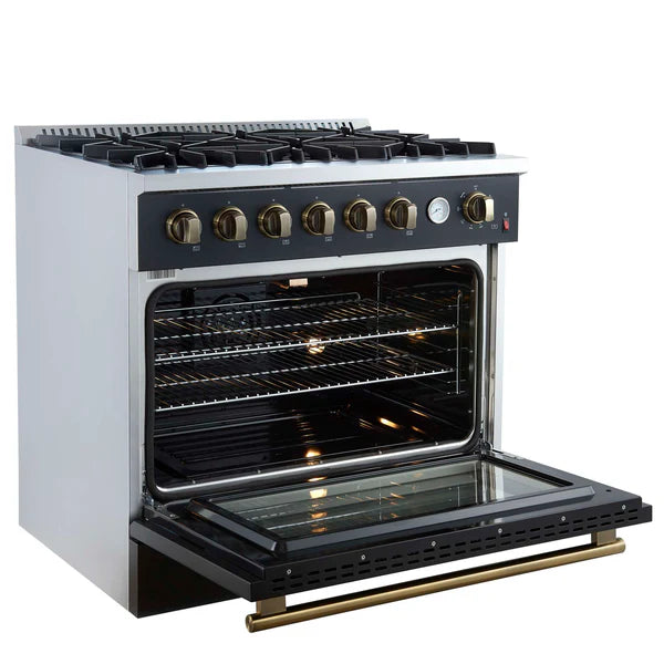 FORNO - Marco 36-Inch Gas Range Black &amp; Antique Brass Design, 6 Burners 67,000 BTU, 5.36 cu.ft. Convection Oven