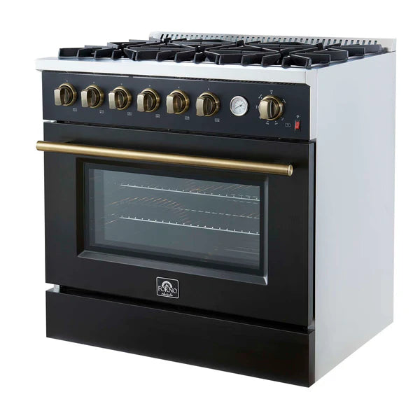 FORNO - Marco 36-Inch Gas Range Black &amp; Antique Brass Design, 6 Burners 67,000 BTU, 5.36 cu.ft. Convection Oven
