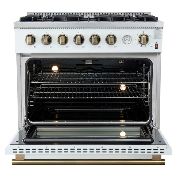 FORNO - Marco 36-Inch Gas Range White &amp; Antique Brass Design, 6 Burners 67,000 BTU, 5.36 cu.ft. Convection Oven