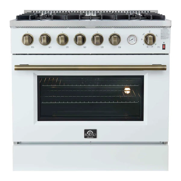 FORNO - Marco 36-Inch Gas Range White &amp; Antique Brass Design, 6 Burners 67,000 BTU, 5.36 cu.ft. Convection Oven