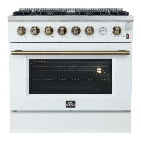 FORNO - Marco 36-Inch Gas Range White &amp; Antique Brass Design, 6 Burners 67,000 BTU, 5.36 cu.ft. Convection Oven