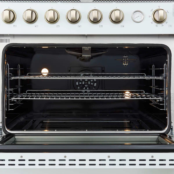 FORNO - Marco 36-Inch Gas Range White &amp; Antique Brass Design, 6 Burners 67,000 BTU, 5.36 cu.ft. Convection Oven
