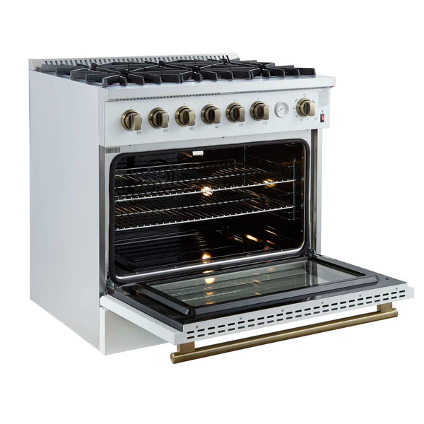 FORNO - Marco 36-Inch Gas Range White &amp; Antique Brass Design, 6 Burners 67,000 BTU, 5.36 cu.ft. Convection Oven