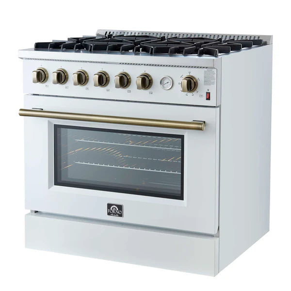FORNO - Marco 36-Inch Gas Range White &amp; Antique Brass Design, 6 Burners 67,000 BTU, 5.36 cu.ft. Convection Oven