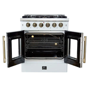 FORNO - Galiano 30-inch French Door Gas Range White with Antique Brass Design, 5 Burners, 68,000 BTU, 4.32 cu.ft. Convection Oven
